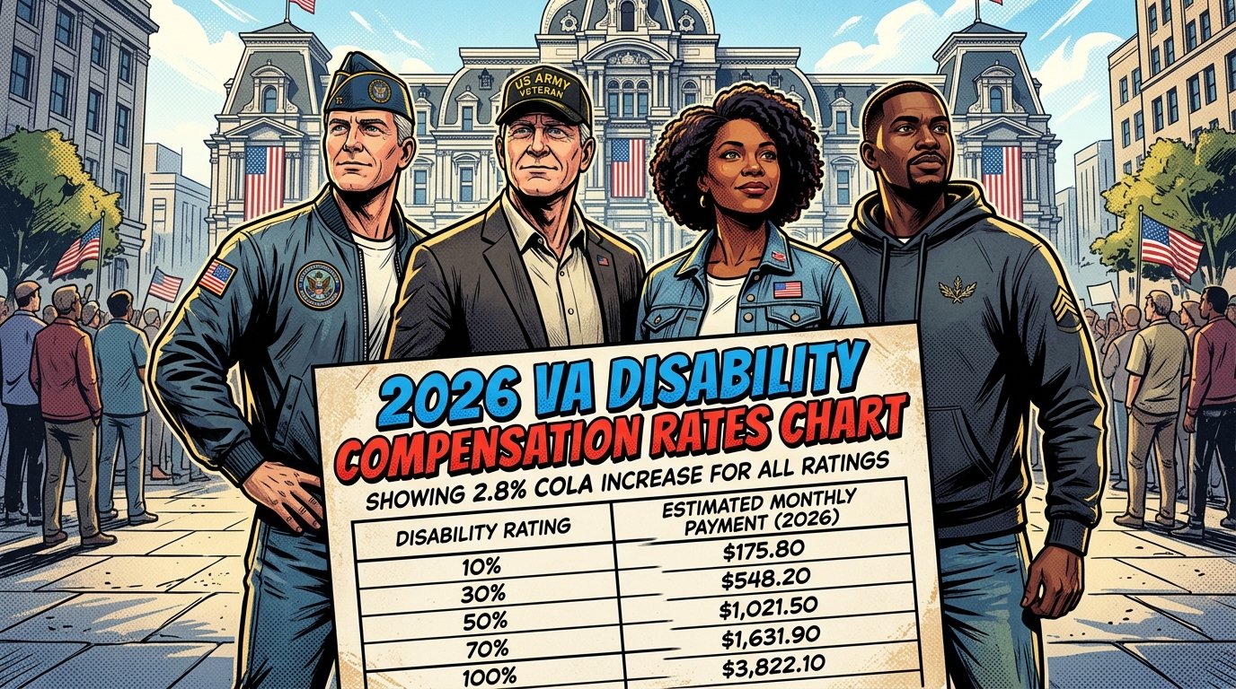 2026 VA disability compensation rates chart showing 2.8% COLA increase for all ratings