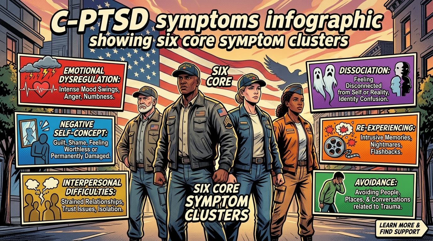 C-PTSD symptoms infographic showing six core symptom clusters