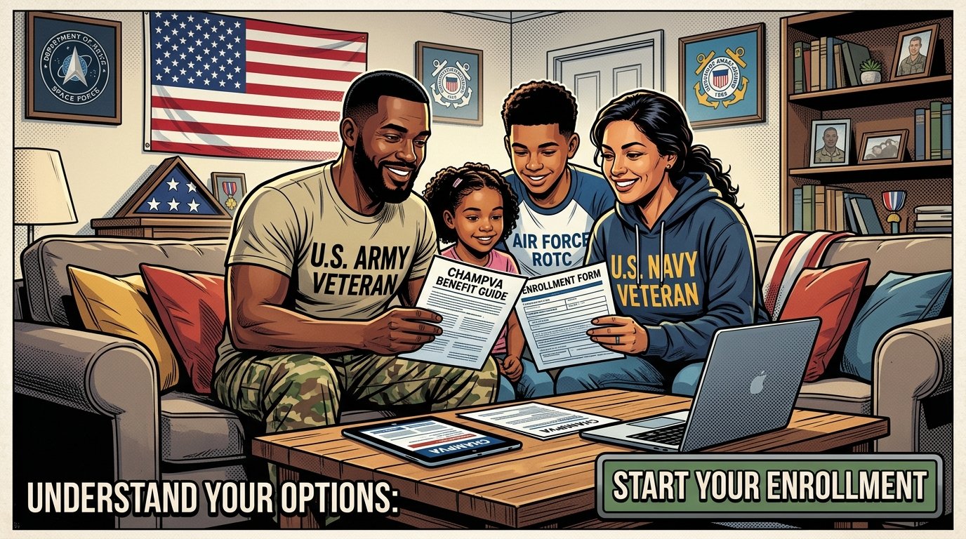 Veteran family reviewing CHAMPVA benefits information at home