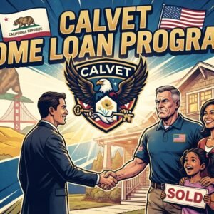 CalVet Home Loan program logo with California veteran family purchasing a home