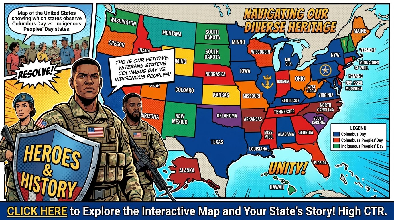 Map of the United States showing which states observe Columbus Day vs. Indigenous Peoples' Day