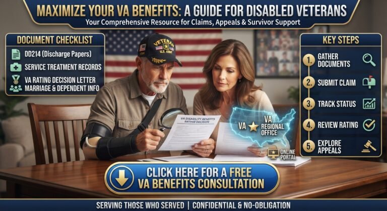 Disabled veteran reviewing VA benefits documents with spouse