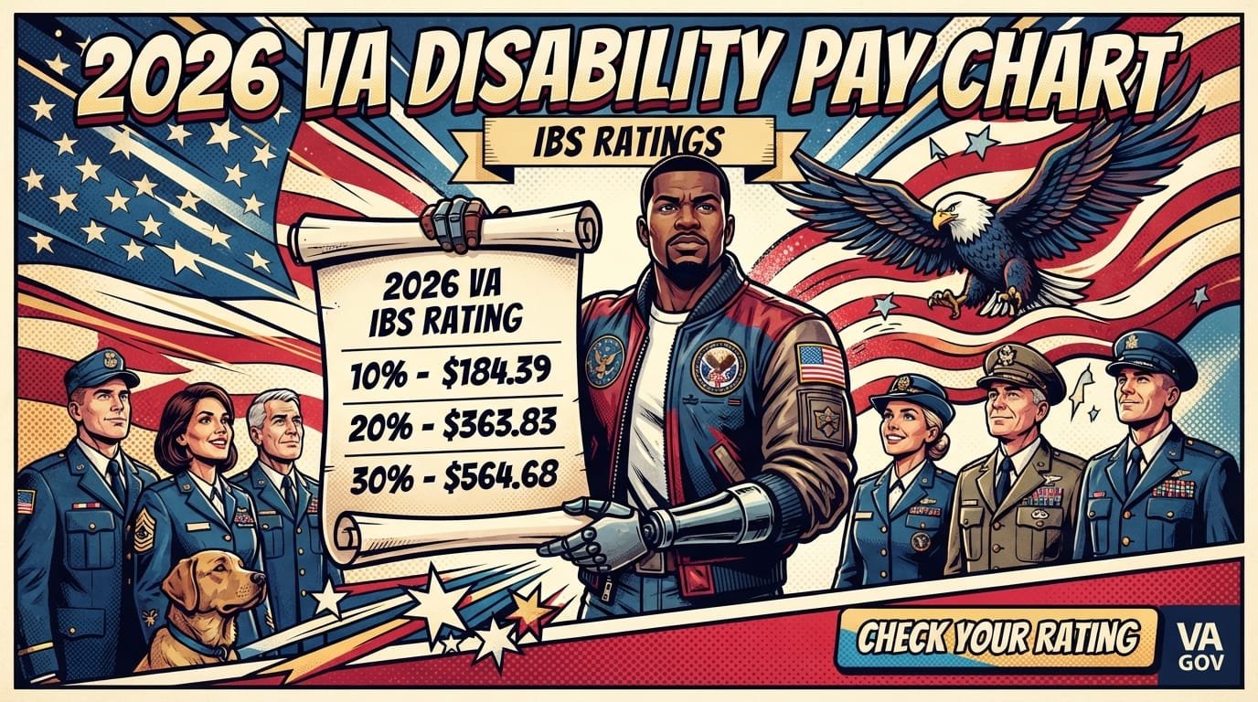 2026 VA disability pay chart showing IBS ratings at 10%, 20%, and 30%