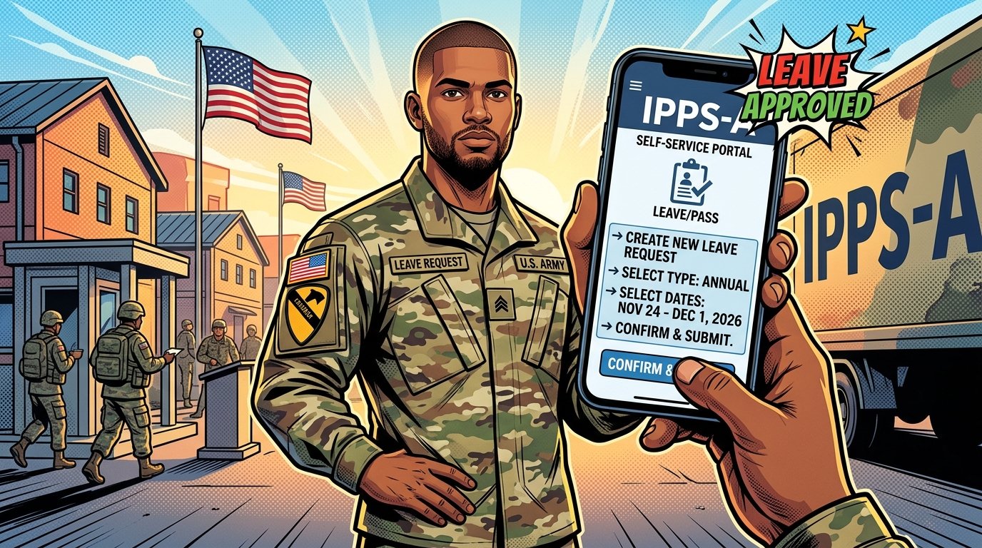 Soldier using IPPS-A mobile app on smartphone to request leave