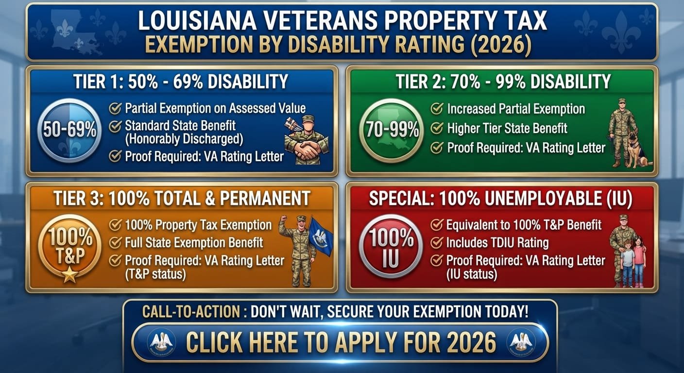 Louisiana veterans property tax exemption disability rating
