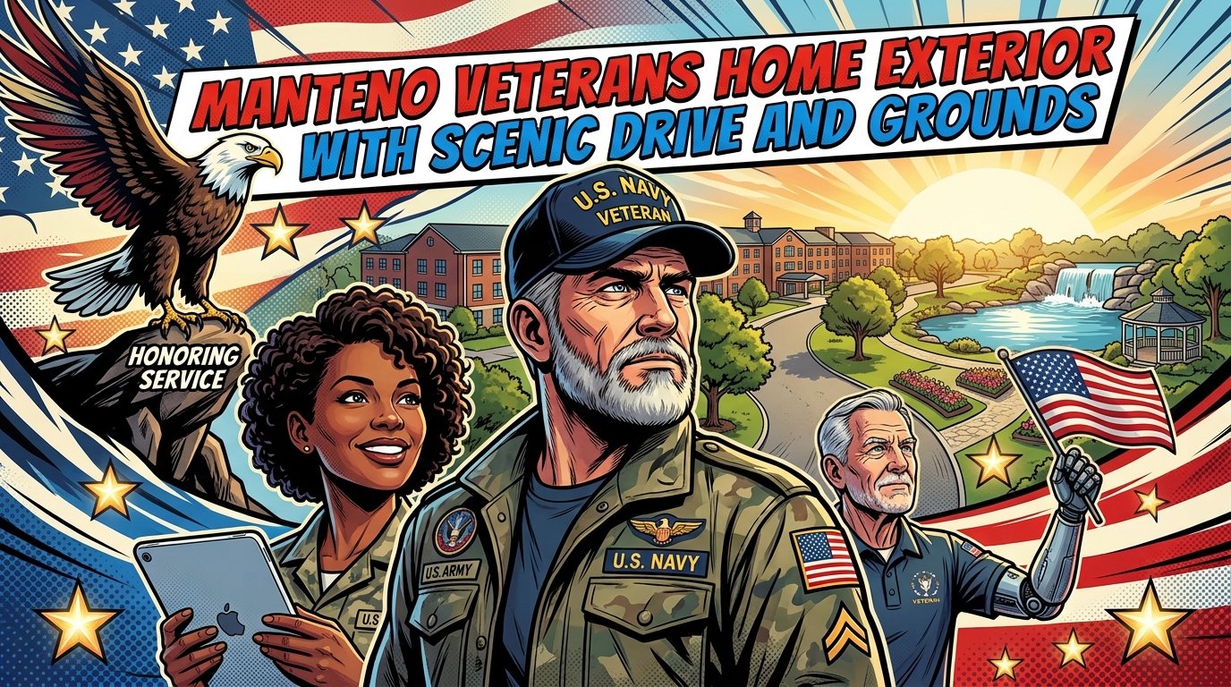 Manteno Veterans Home exterior with scenic drive and grounds