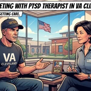 Veteran meeting with PTSD therapist in VA clinic session