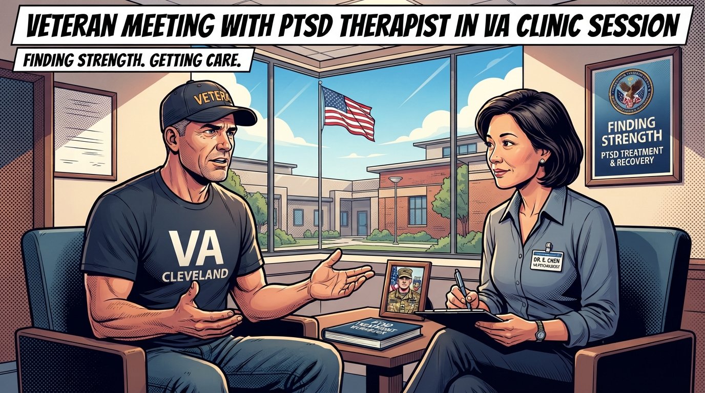 Veteran meeting with PTSD therapist in VA clinic session