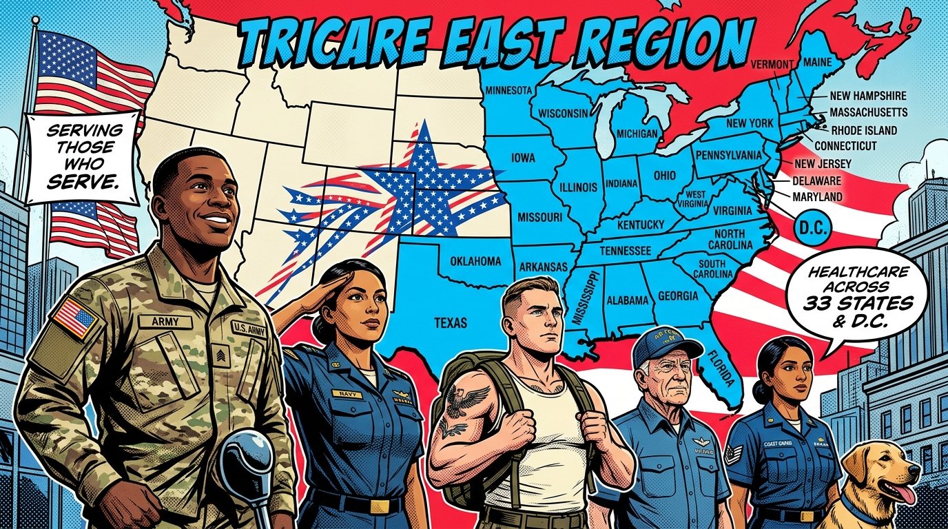 TRICARE East region map showing 33 covered states and District of Columbia