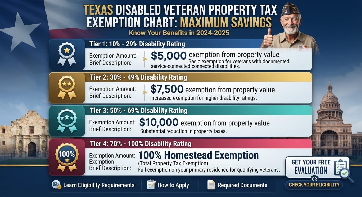 Texas veterans property tax exemption disability rating