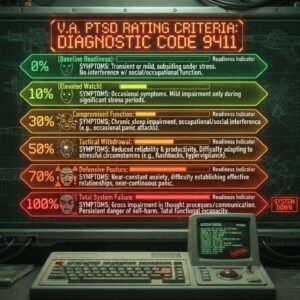 VA PTSD rating criteria chart showing 0% to 100% ratings under Diagnostic Code 9411