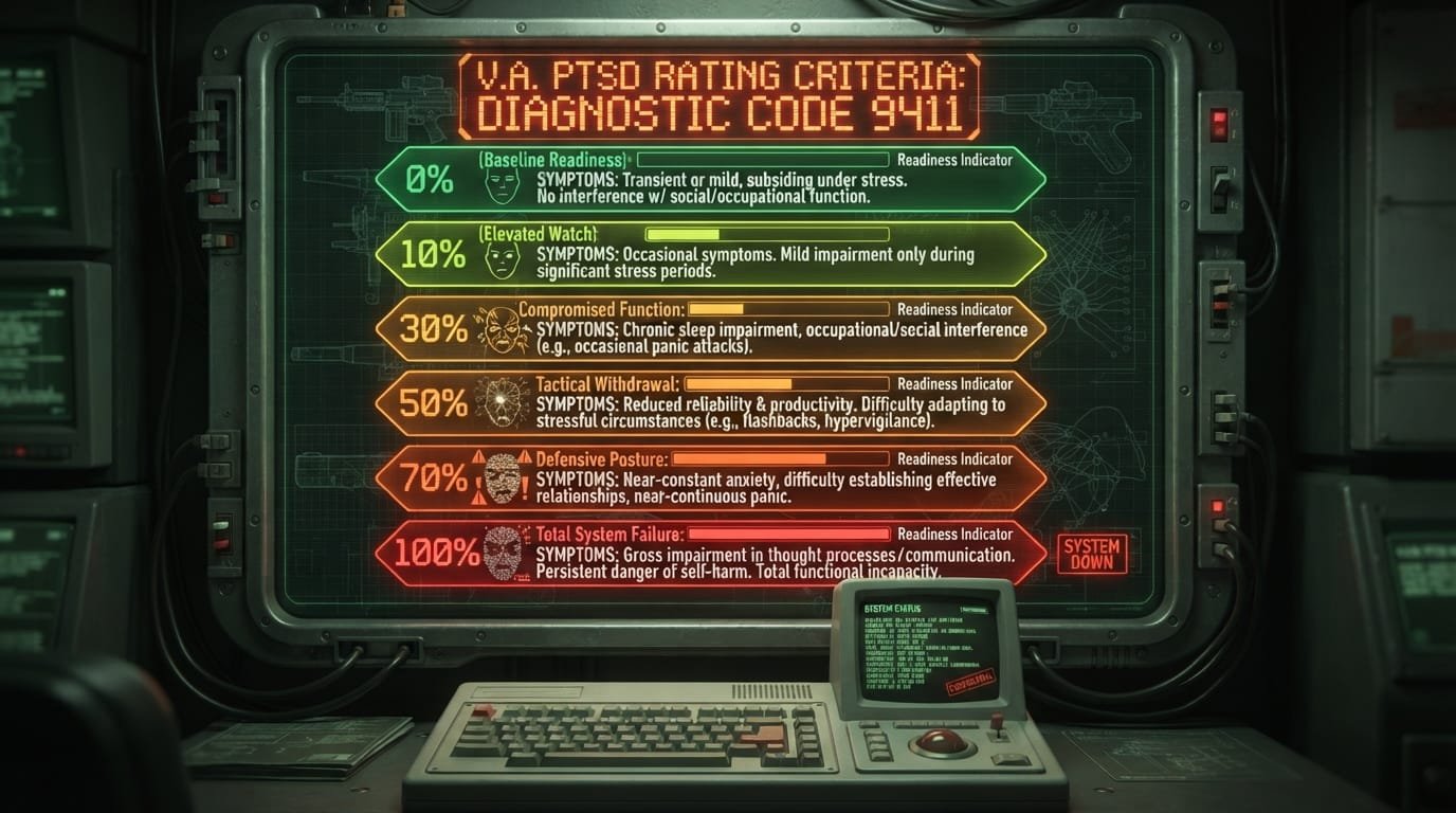 VA PTSD rating criteria chart showing 0% to 100% ratings under Diagnostic Code 9411