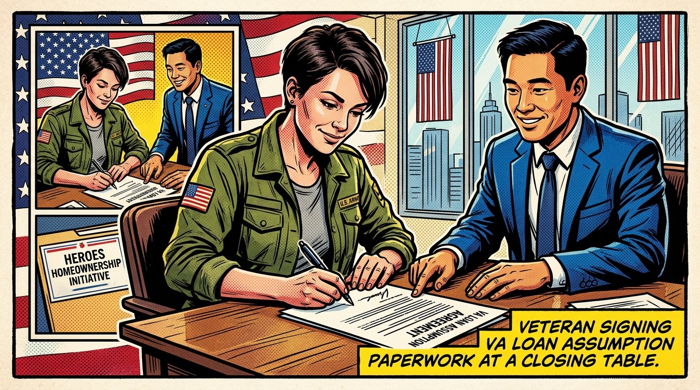 Veteran signing VA loan assumption paperwork at a closing table