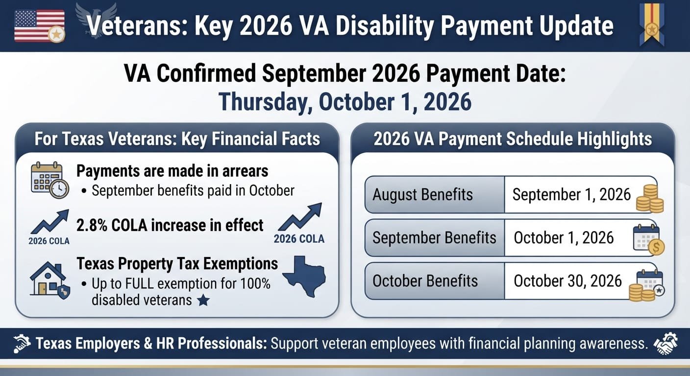 VA disability payment date Texas September 2026