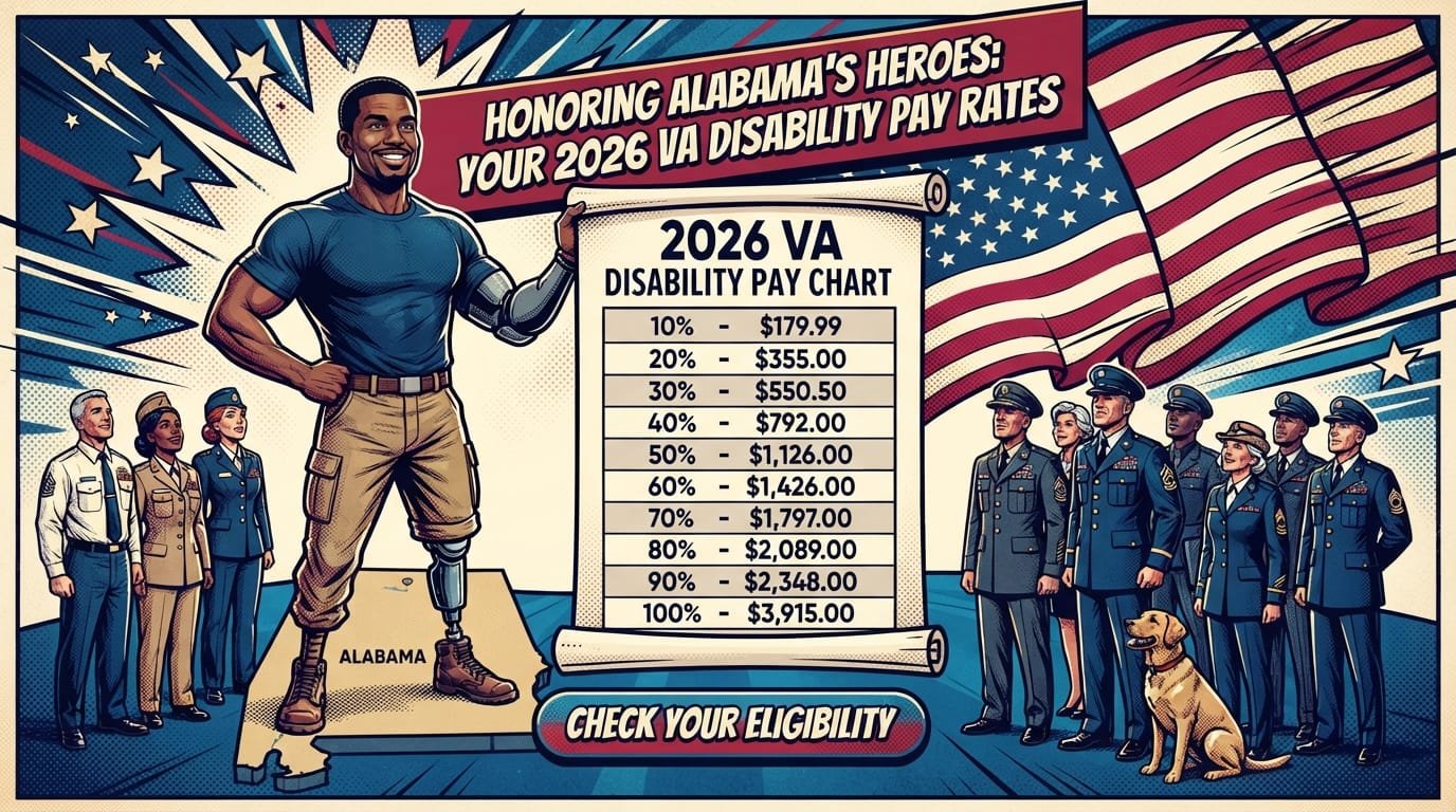 2026 VA disability pay chart showing monthly rates from 10% to 100% for Alabama veterans