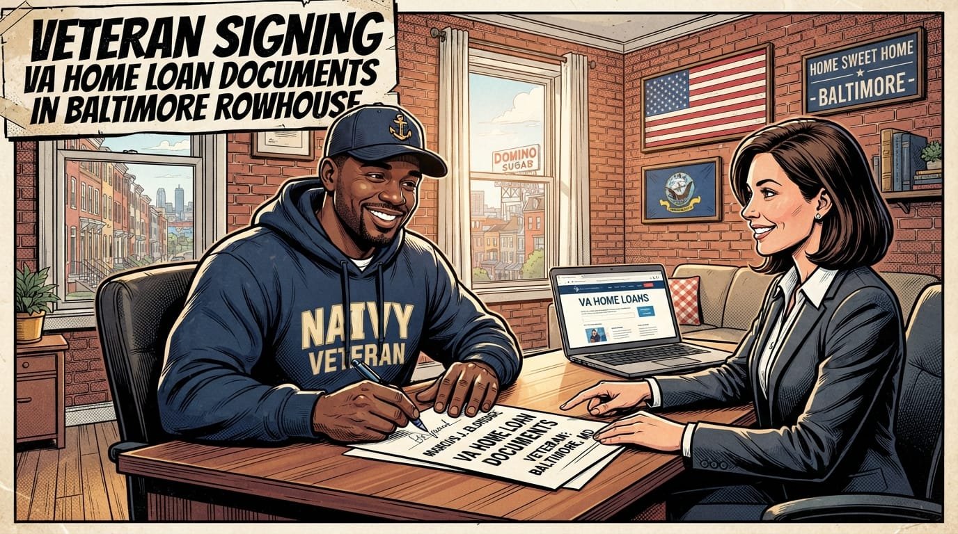 Veteran signing VA home loan documents in Baltimore rowhouse