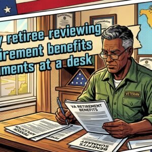 Military retiree reviewing VA retirement benefits documents at a desk