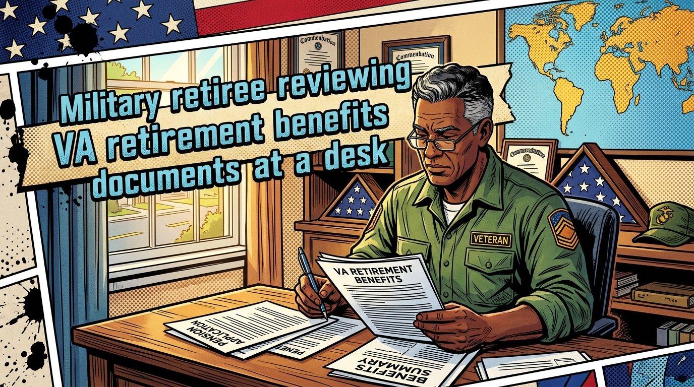 Military retiree reviewing VA retirement benefits documents at a desk