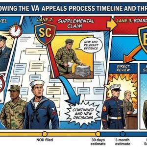 Infographic showing the VA appeals process timeline and three appeal lanes