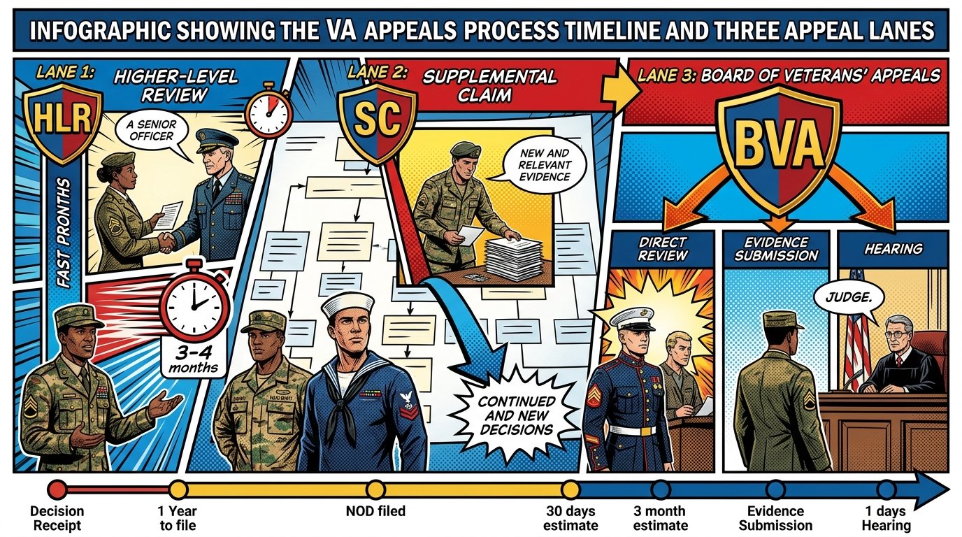 Infographic showing the VA appeals process timeline and three appeal lanes