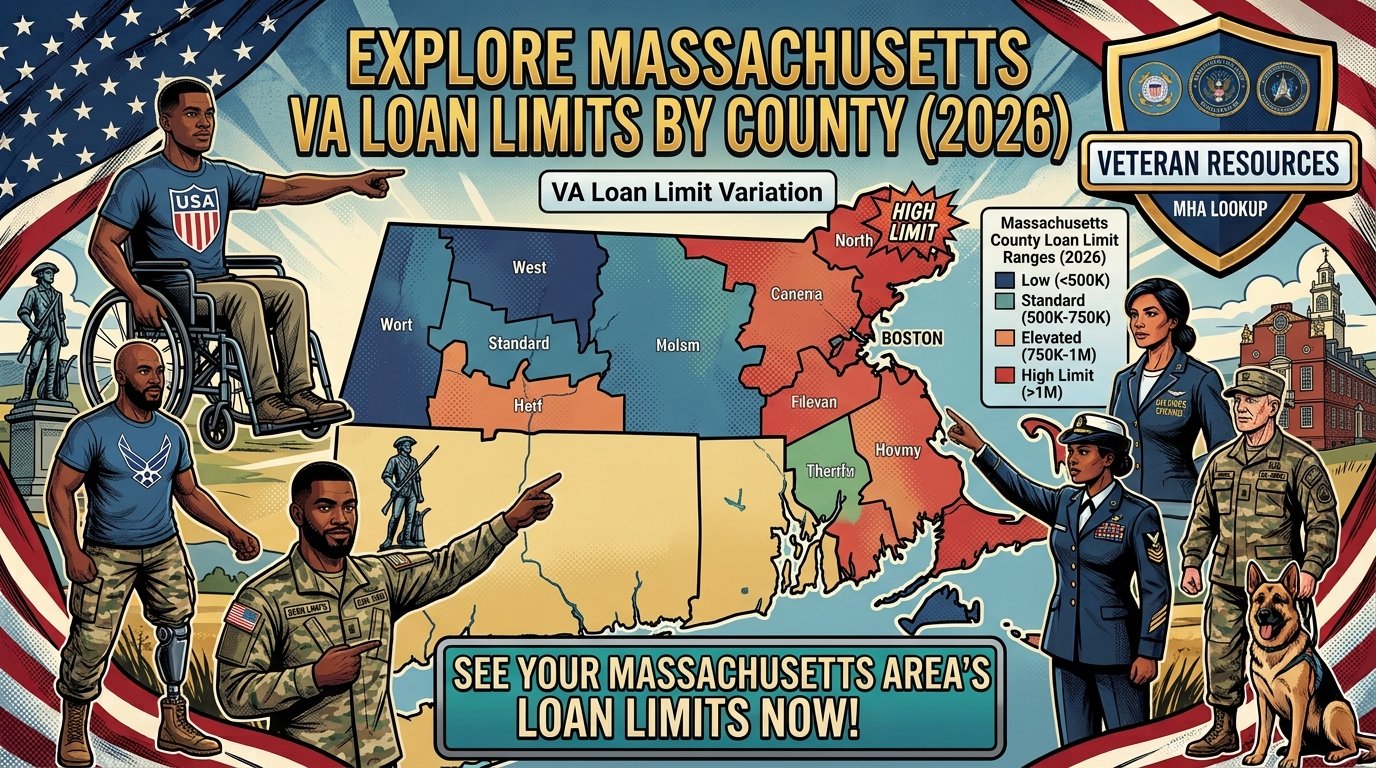 Map of Massachusetts showing 2026 VA loan limits by county