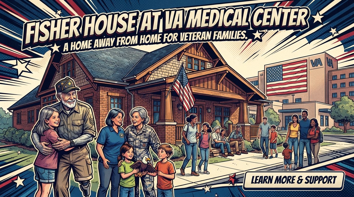 Fisher House exterior at VA medical center with veterans families