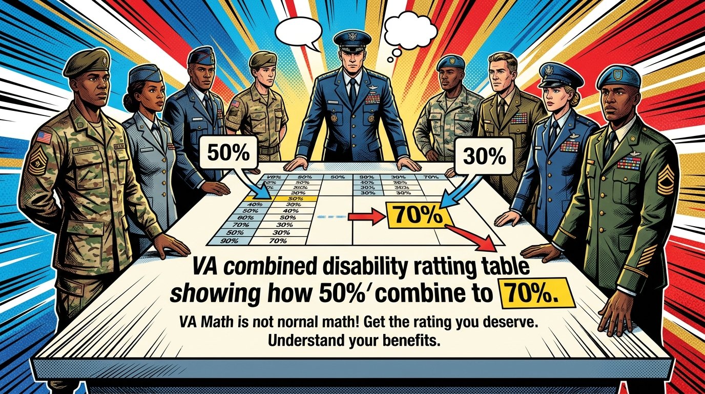 VA combined disability rating table showing how 50% and 30% combine to 70%