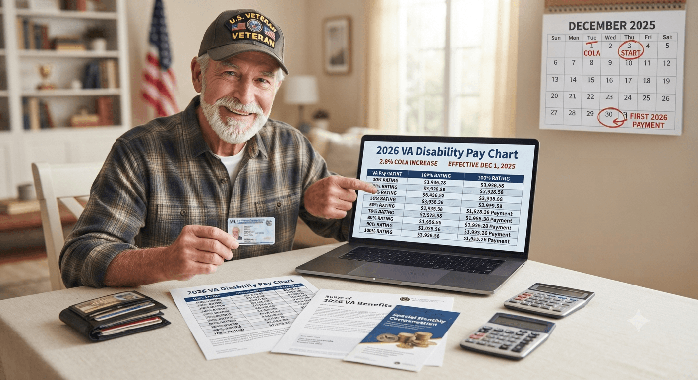 Comparison of 2025 vs 2026 VA disability rates with COLA increase
