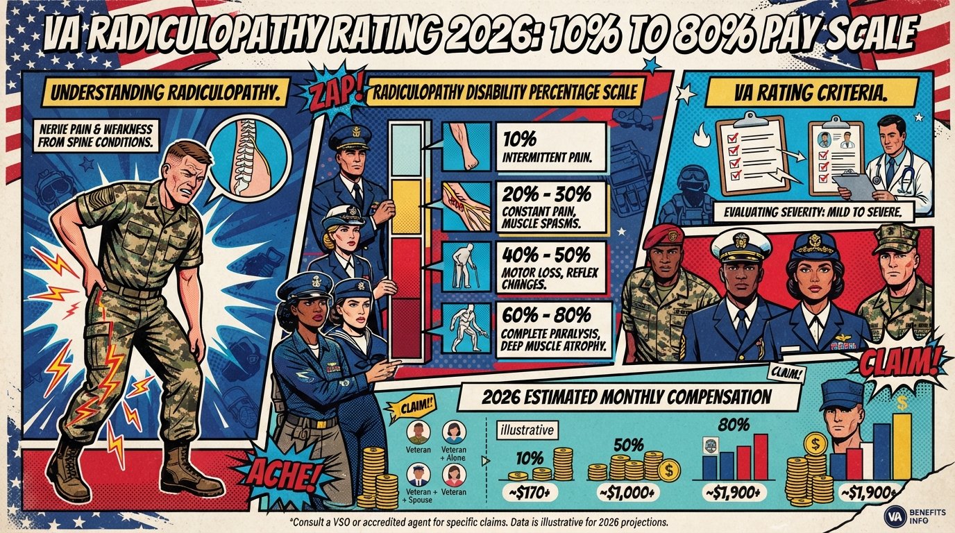 VA Radiculopathy Rating 2026: 10% to 80% Pay Scale